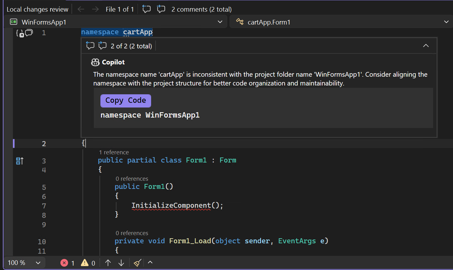 Screenshot che mostra il commento di revisione del codice GitHub.
