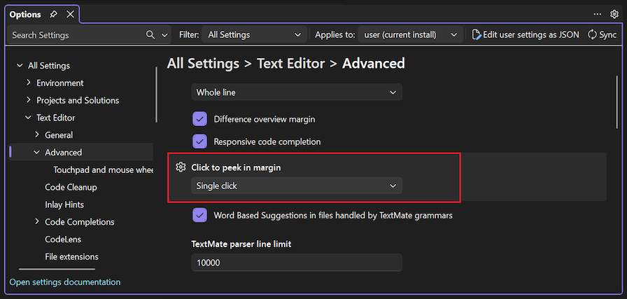 Screenshot dell'impostazione dell'editor di testo 'Clicca per dare un'occhiata nel margine'.