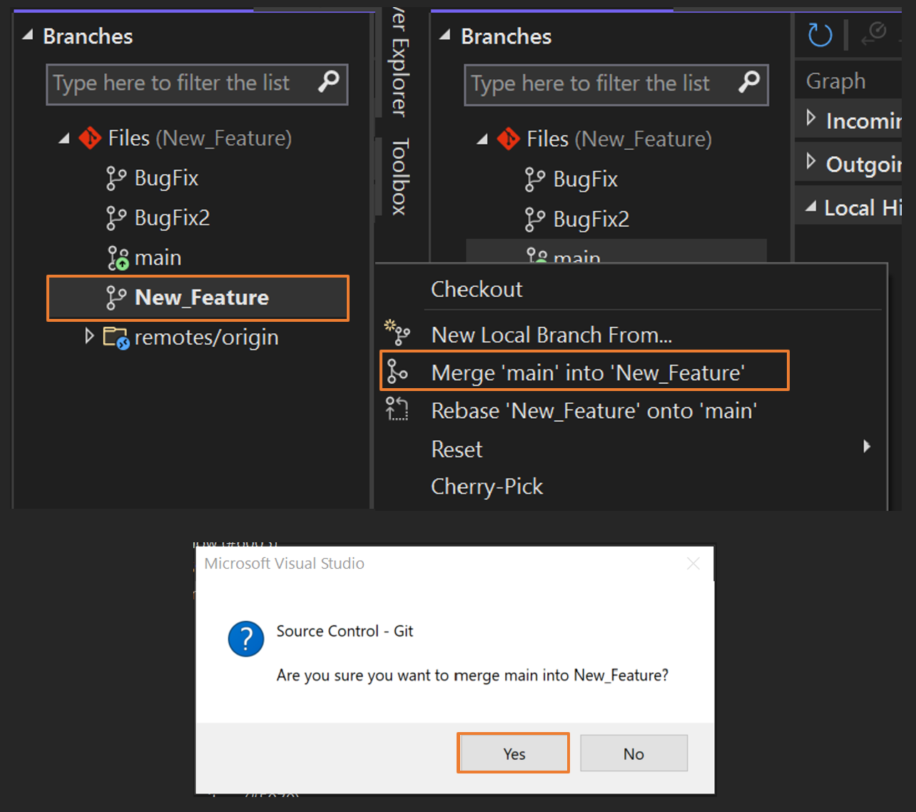Screenshot dell'unione dei rami in Visual Studio.