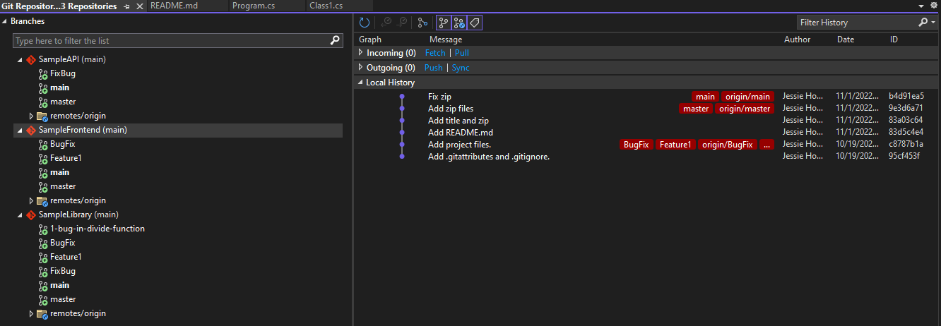 Screenshot della funzionalità di selezione dei rami nella finestra degli strumenti repository Git.