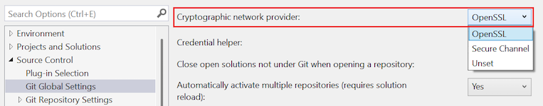 Screenshot che mostra l'opzione 'Cryptographic network provider' con 'OpenSSL' selezionata nell'elenco a discesa.