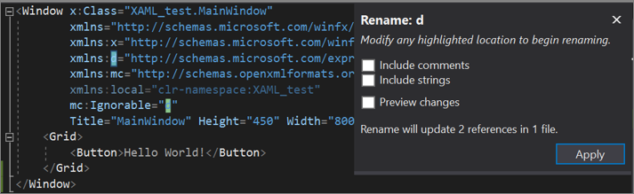 Screenshot dell'opzione Rinomina spazio dei nomi dell'editor di codice XAML visualizzata usando il menu di scelta rapida Opzione Rinomina spazio dei nomi dell'editor di codice XAML dal menu di scelta rapida