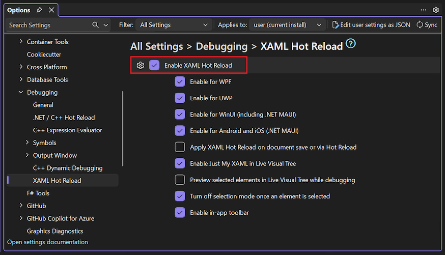 Screenshot delle opzioni di Hot Reload XAML nel riquadro Opzioni degli strumenti.