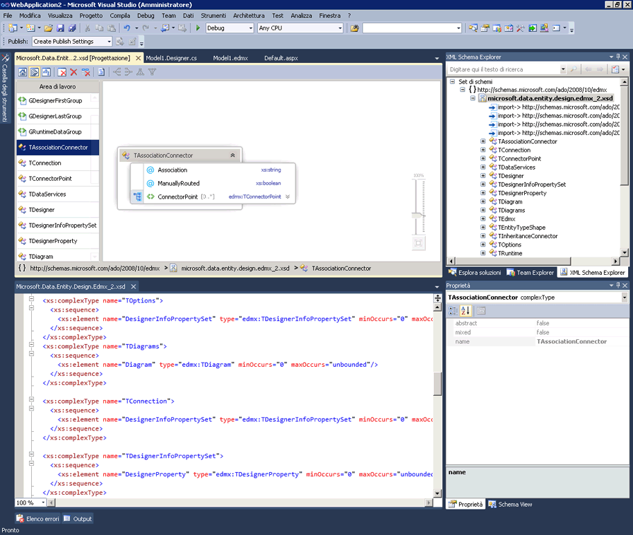 Screenshot di un progetto di Visual Studio che mostra il riquadro Progettazione Viste, il riquadro Editor XML e il riquadro Esploratore Schema XML.