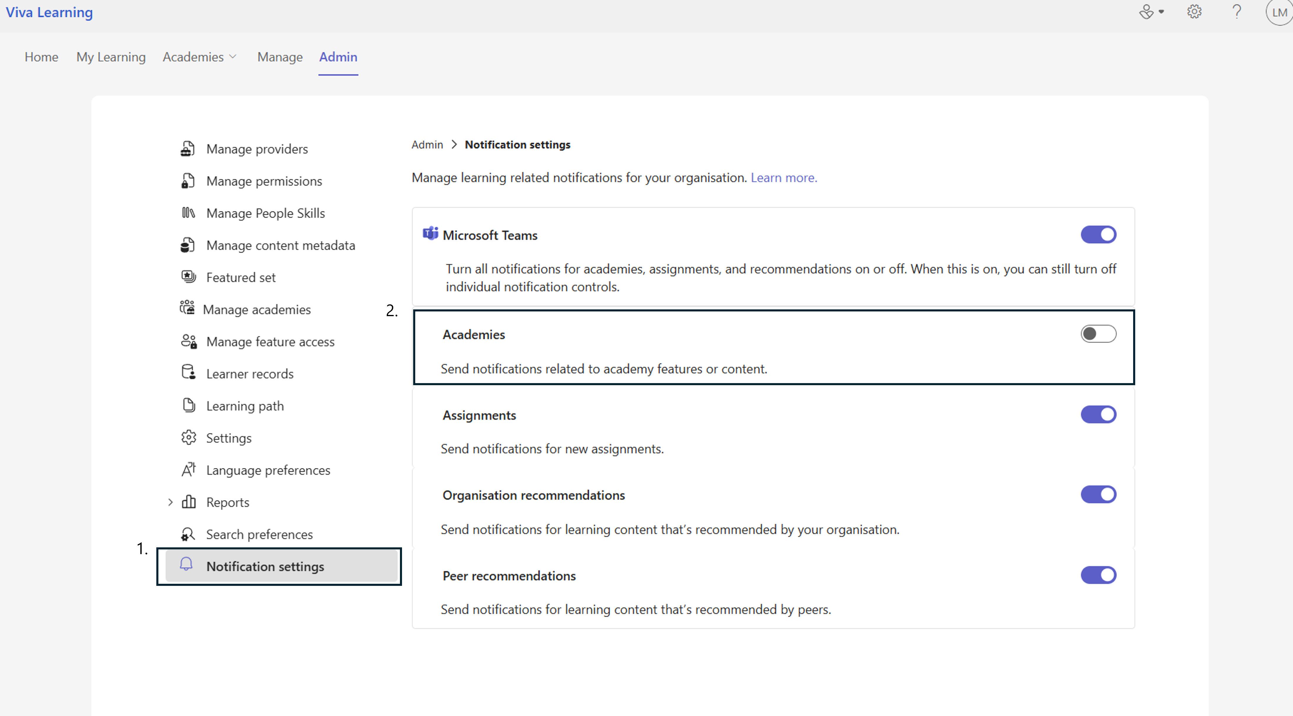 Screenshot delle impostazioni di notifica per gli amministratori in Viva Learning.