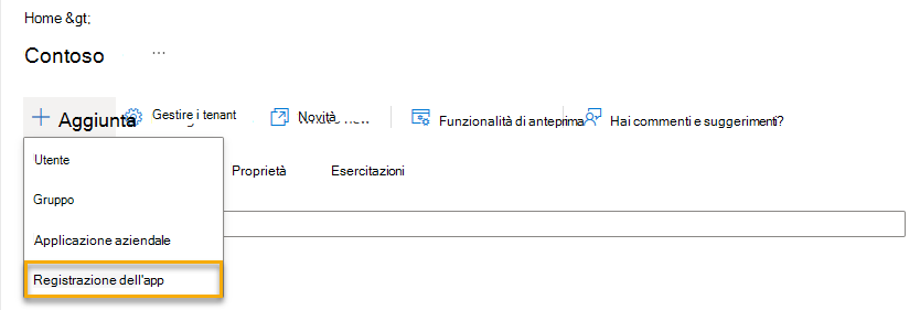 Screenshot che mostra come aggiungere una nuova registrazione dell'app.