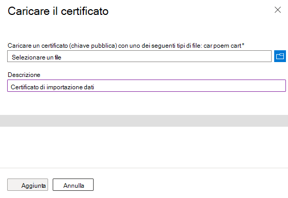 Screenshot che mostra come caricare un certificato e aggiungerne una descrizione.