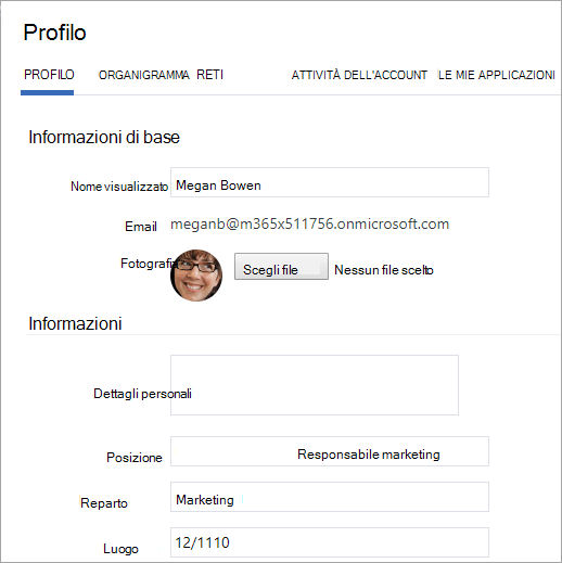 Screenshot che mostra un profilo utente di esempio.