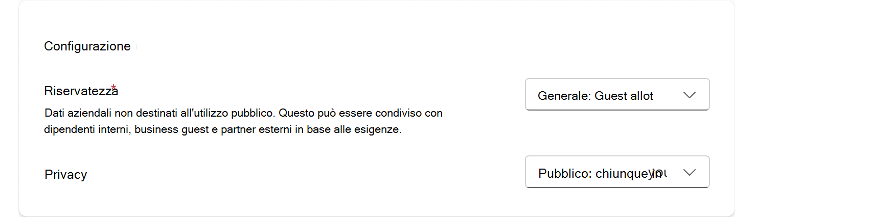 Screenshot che mostra le impostazioni di riservatezza nell'interfaccia di amministrazione Engage.