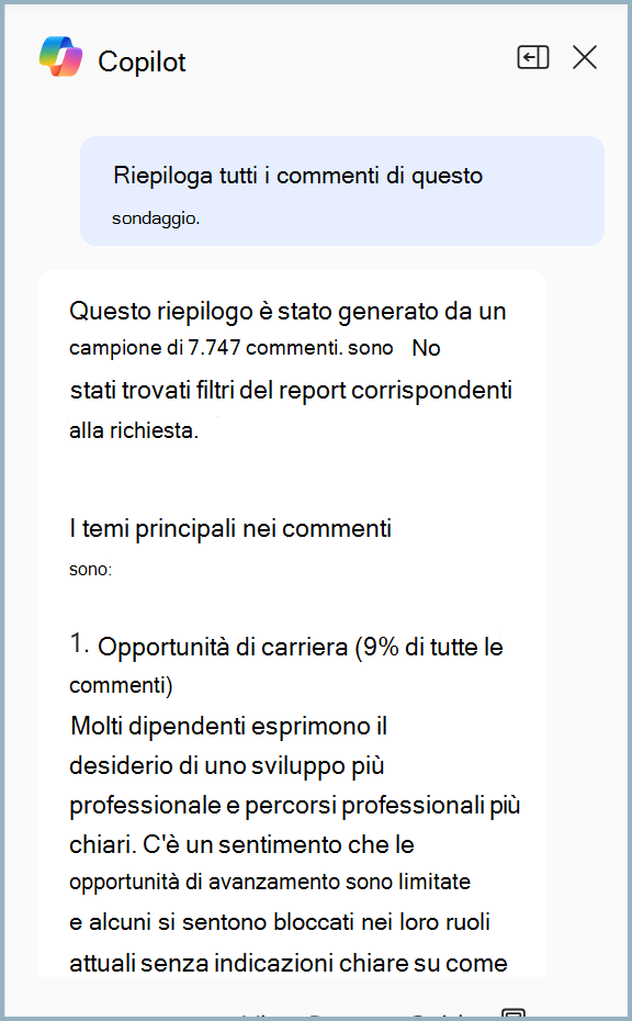 Screenshot di un riepilogo Copilot in Viva Glint.