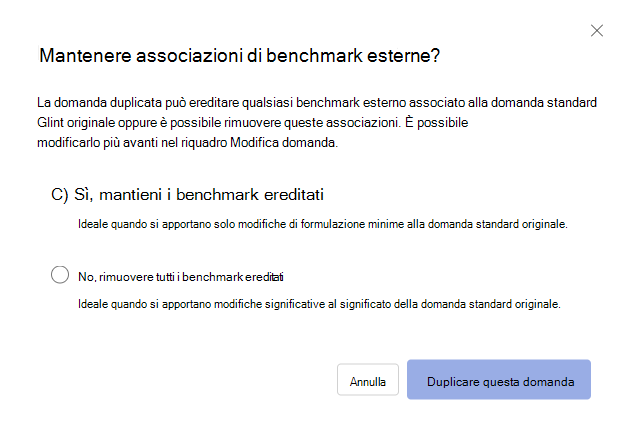 Screenshot della finestra di dialogo visualizzata per offrire la possibilità di eseguire il mapping o eliminare i gruppi di benchmark per le domande copiate.