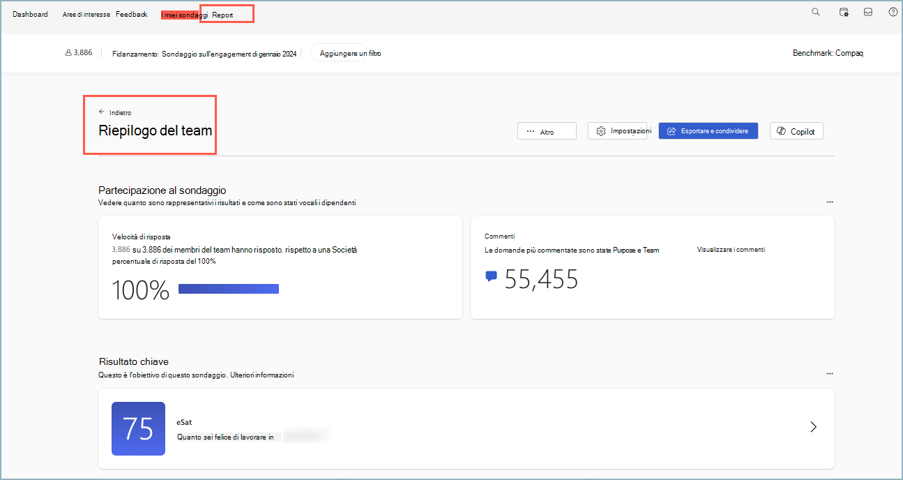 Screenshot del dashboard Riepilogo team manager.