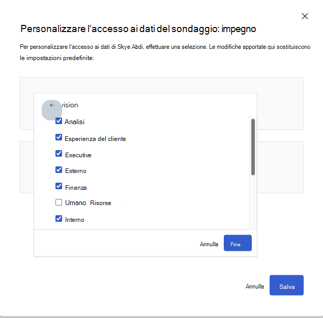 Screenshot della finestra di dialogo con i valori degli attributi di accesso personalizzati selezionati.