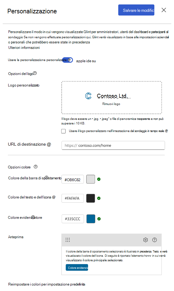 Screenshot del riquadro di modifica della personalizzazione Viva Glint con tutte le impostazioni completate.