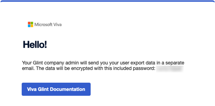 Screenshot del messaggio di posta elettronica che un utente riceve dopo che i dati sono stati esportati da Viva Glint, inclusa una password per accedere al file compresso e crittografato.