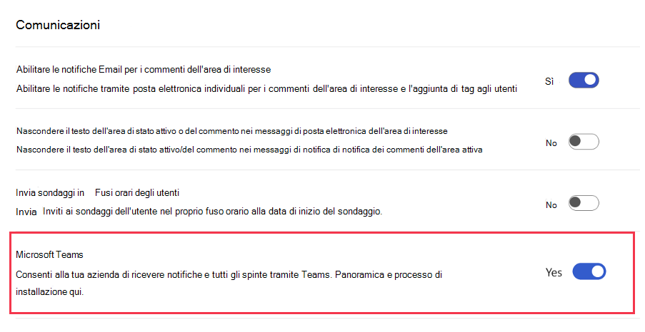 Screenshot dell'interruttore di Microsoft Teams impostato su Sì nelle impostazioni generali.