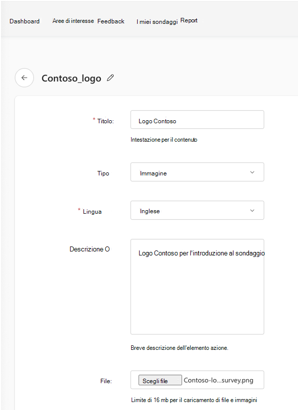 Screenshot dei campi completati per aggiungere un logo come risorsa contenuto Viva Glint.