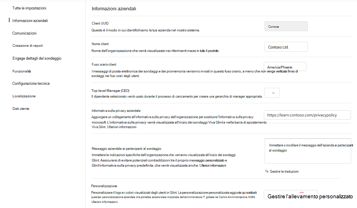 Screenshot della sezione Viva Glint gestione personalizzata della personalizzazione in Impostazioni generali.