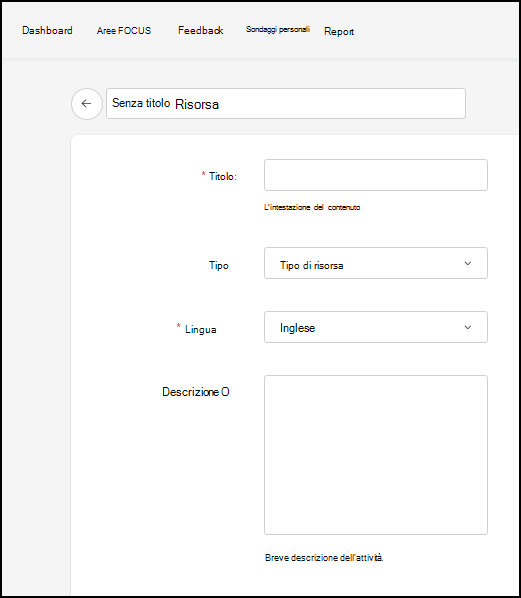 Screenshot della finestra visualizzata per assegnare un nome e identificare una nuova risorsa contenuto.