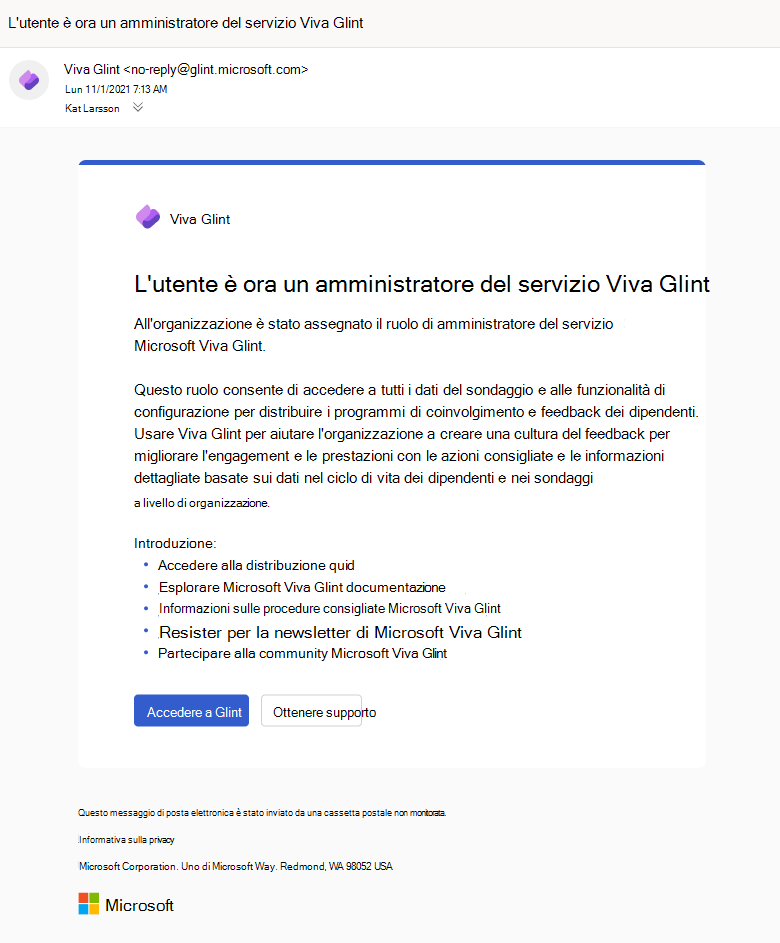 Screenshot della notifica tramite posta elettronica che gli amministratori del servizio Viva Glint ricevono quando vengono aggiunti al ruolo di amministratore.