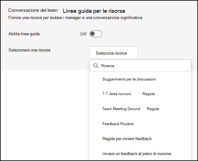 Screenshot del menu a discesa Seleziona una risorsa.