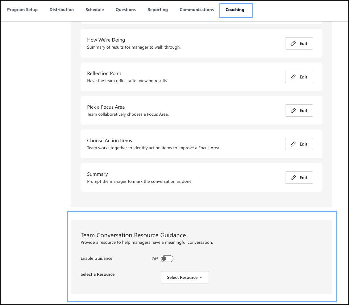 Screenshot della sezione Team Conversation Resource Guidance per la configurazione dell'amministratore.