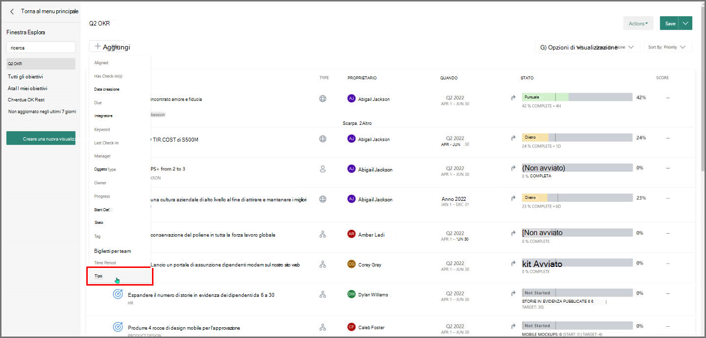 Screenshot che mostra dove si filtrano gli OKR in base al team o al singolo utente.