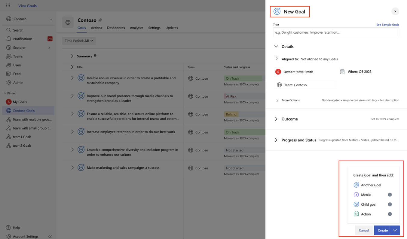 Screenshot che mostra la nuova terminologia Goals nell'esperienza utente effettiva.