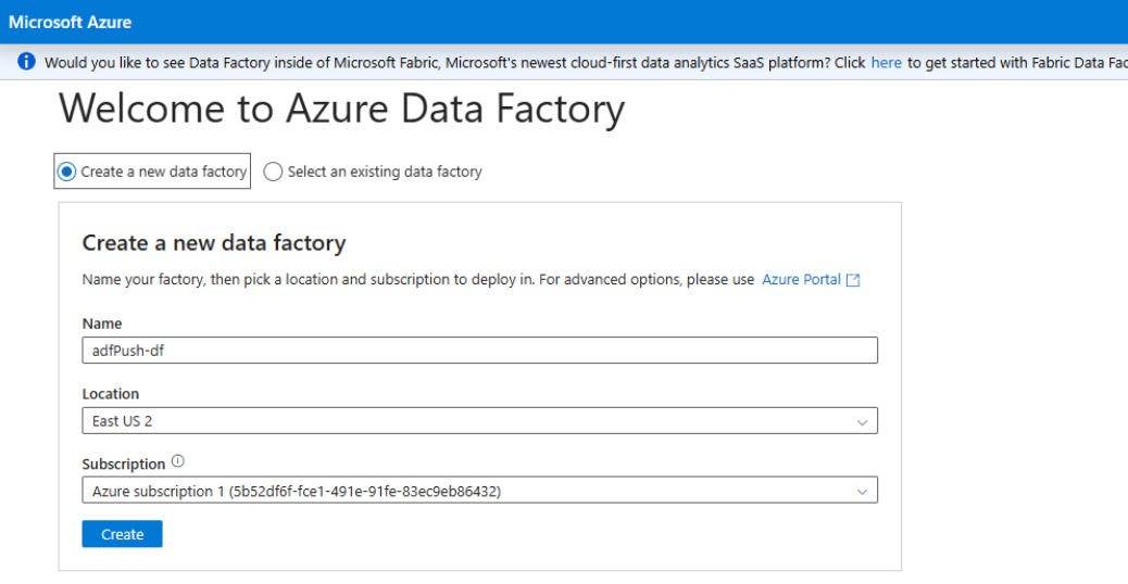 Screenshot che mostra come creare una nuova data factory o usarne una esistente.