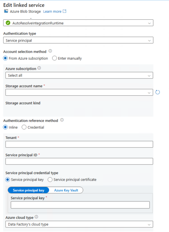 Screenshot che mostra come immettere i campi per il set di dati.
