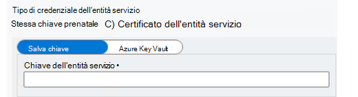 Screenshot che mostra come immettere la chiave dell'entità servizio.