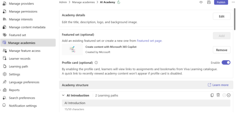 Screenshot di un'accademia dopo che è stata abilitata.