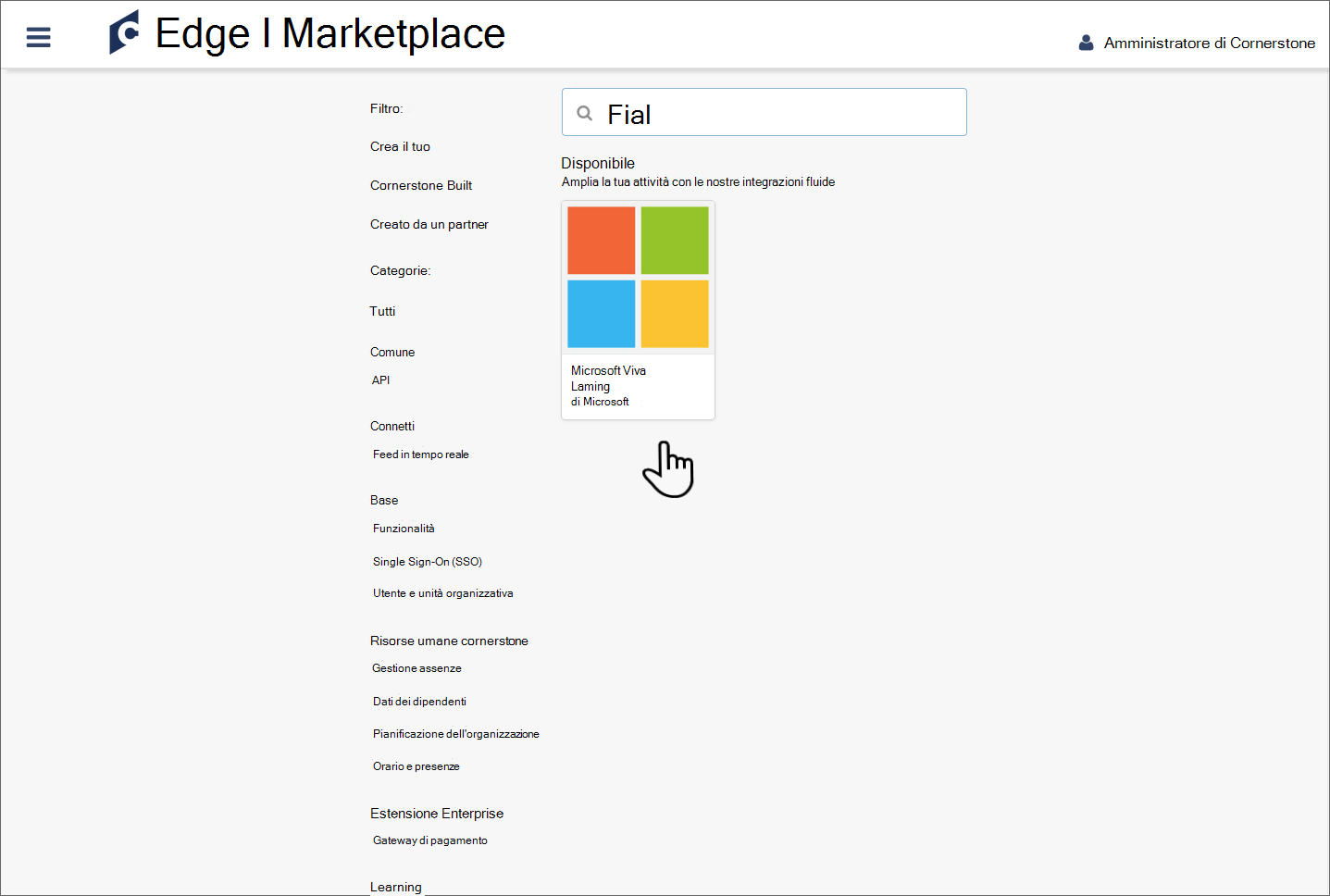 Screenshot del cursore che passa il puntatore sul riquadro Viva Learning nel Marketplace.