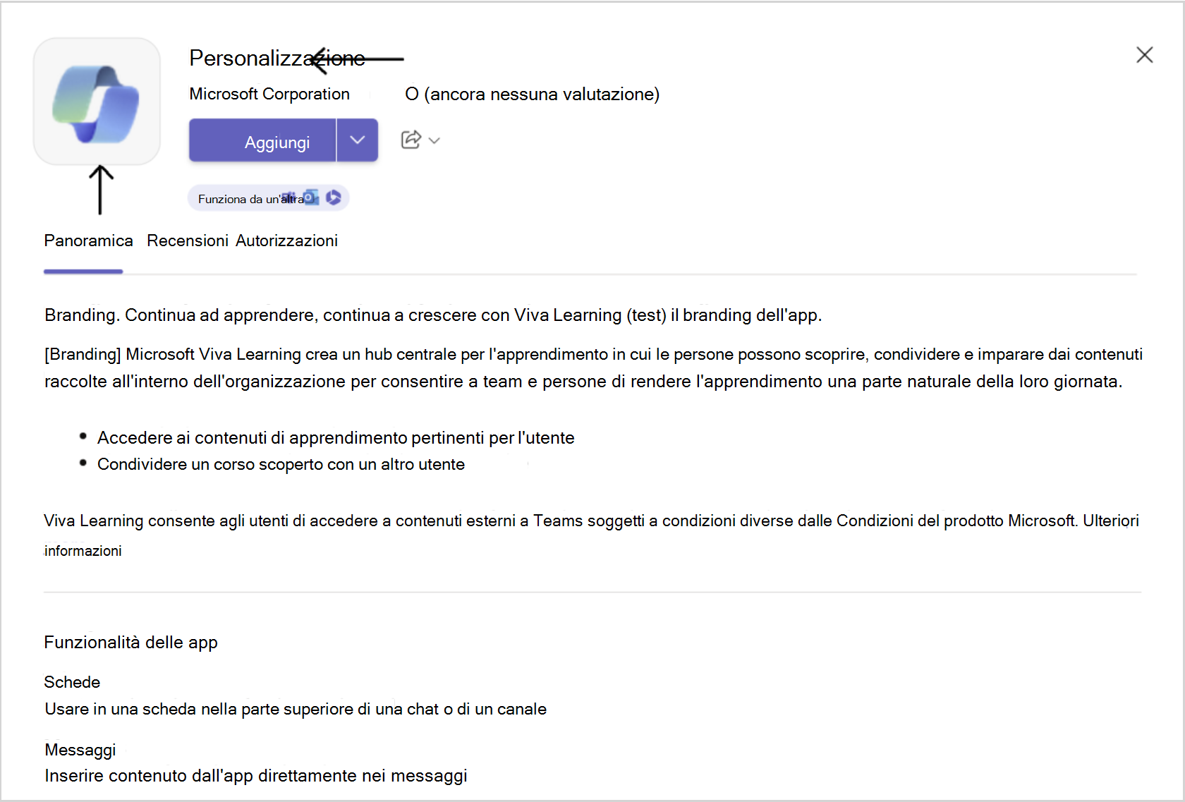 Screenshot dell'app Viva Learning nell'App Store con la personalizzazione scelta, inclusi il nome e l'icona.
