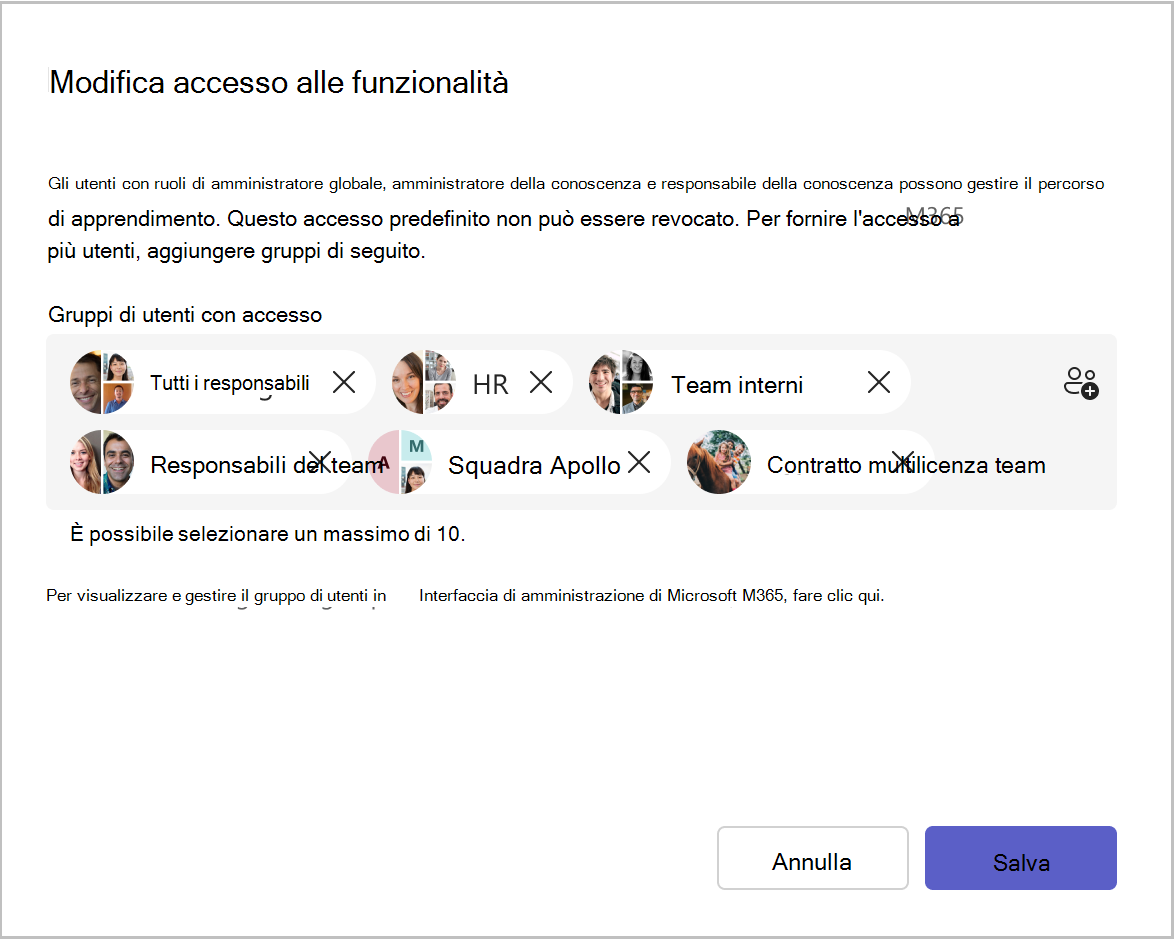 Immagine della finestra Modifica accesso alla funzionalità in cui gli amministratori possono aggiungere gruppi di utenti con accesso