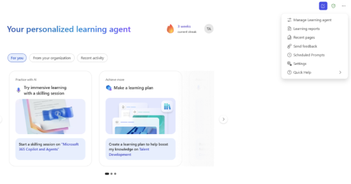 Screenshot che mostra l'opzione Report di apprendimento nel menu altre opzioni.