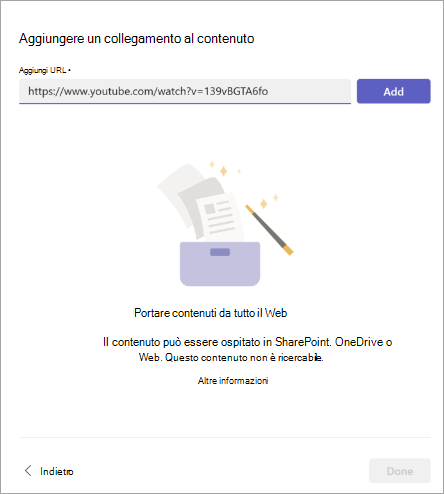 Screenshot della schermata Aggiungi collegamento al contenuto in cui è possibile aggiungere l'URL.
