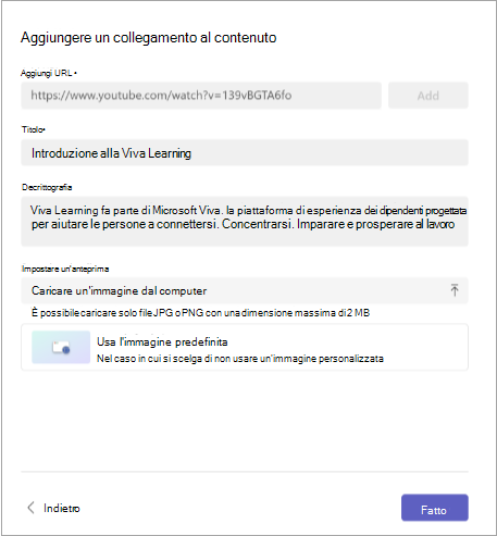 Screenshot dell'aggiunta di un collegamento al contenuto con l'URL, il titolo, la descrizione e il set di anteprime.