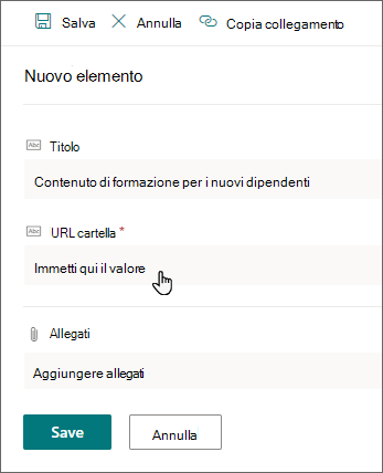 Pannello Nuovo elemento in SharePoint che mostra i campi Titolo e URL cartella.