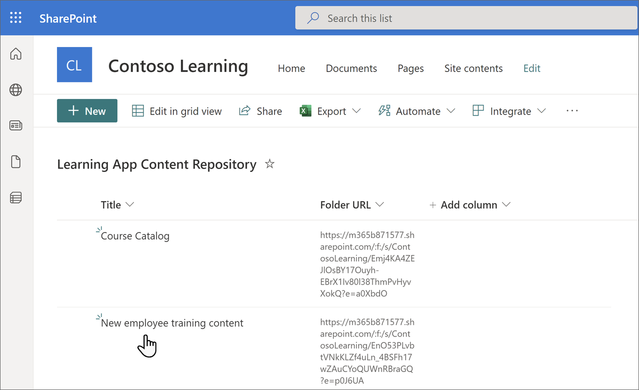 Pagina Learning Content Repository in SharePoint che mostra le informazioni aggiornate.