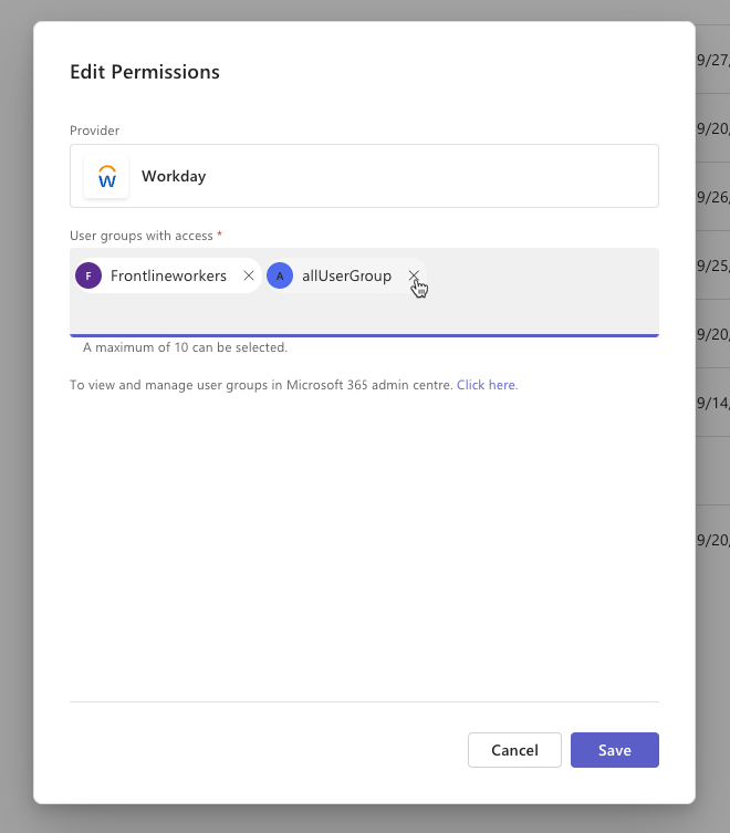 Screenshot del menu Modifica autorizzazioni con l'opzione per modificare l'accesso ai gruppi di utenti.