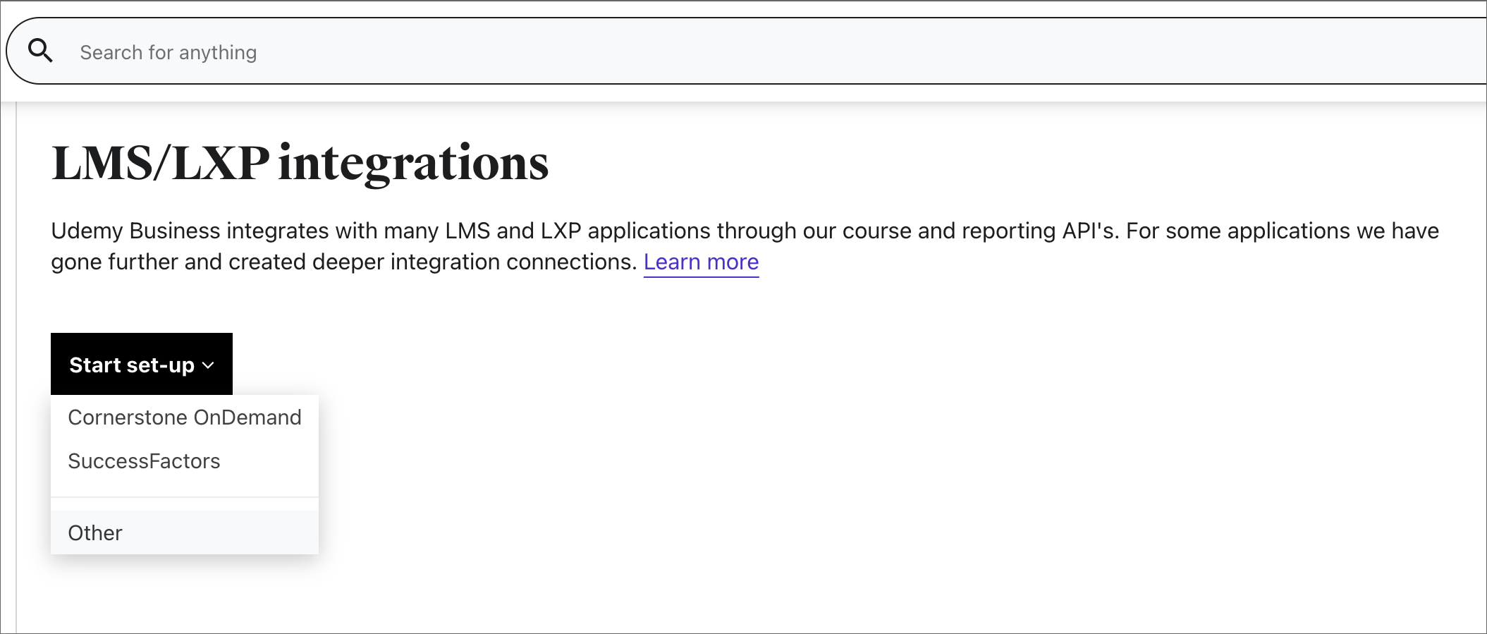 Immagine della pagina delle impostazioni di integrazione LMS/LXP.