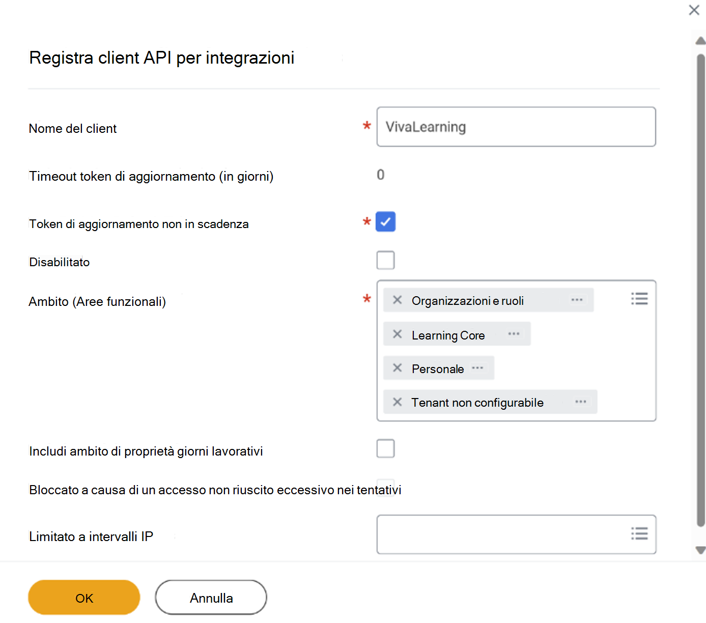 Screenshot di Register API Client for Integrations (Registra client API per integrazioni)