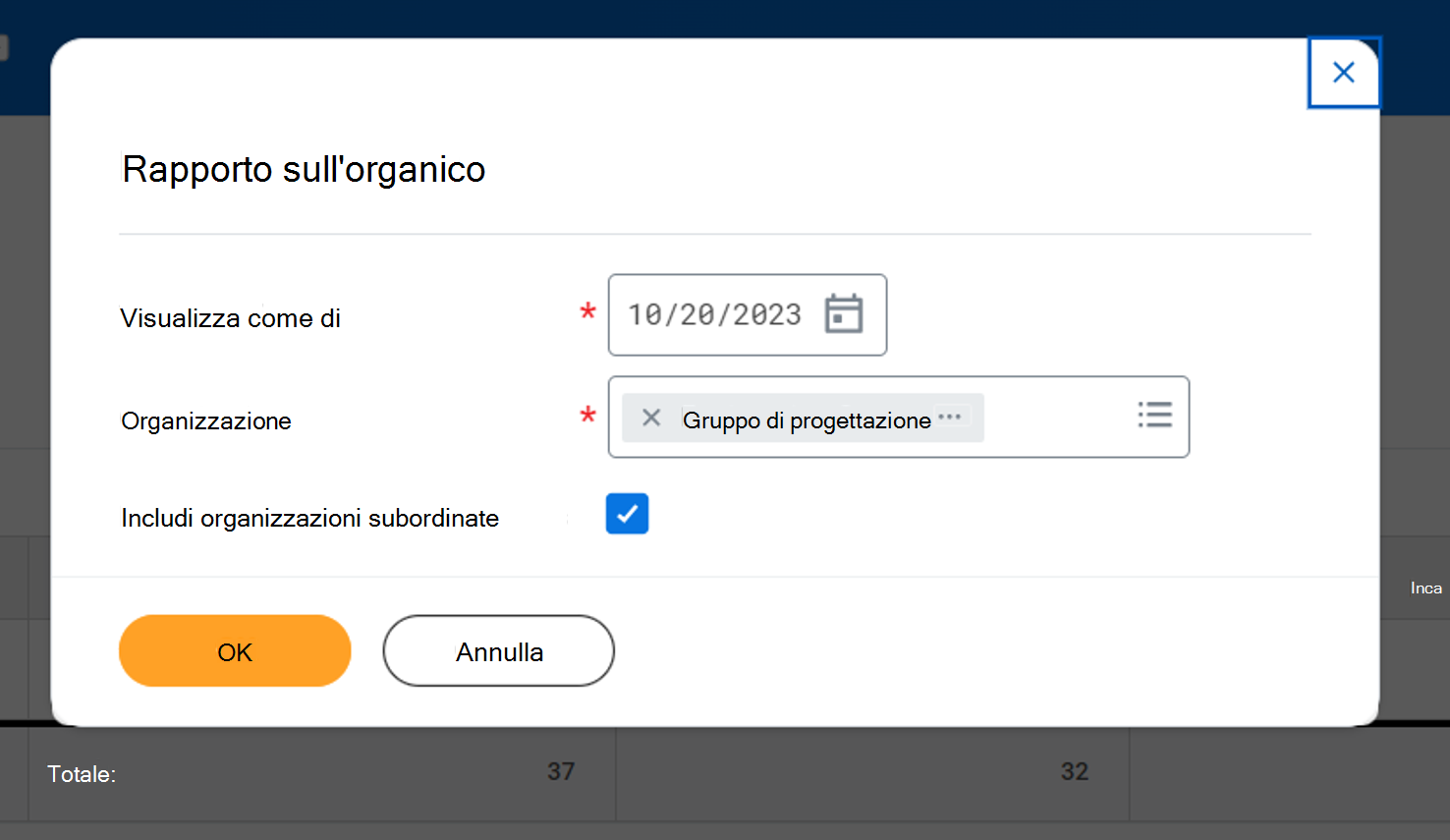 Screenshot del report di conteggio degli effettivi