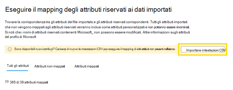 Screenshot che mostra come importare intestazioni CSV.