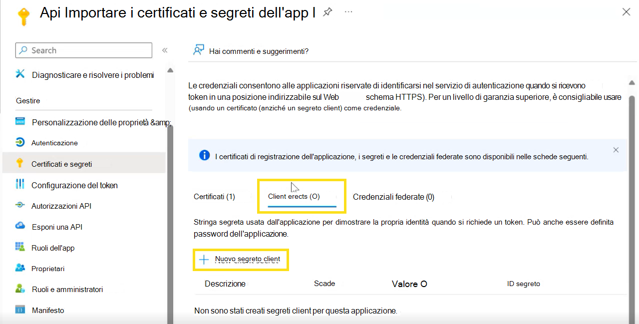 Screenshot che mostra come creare un nuovo segreto client.
