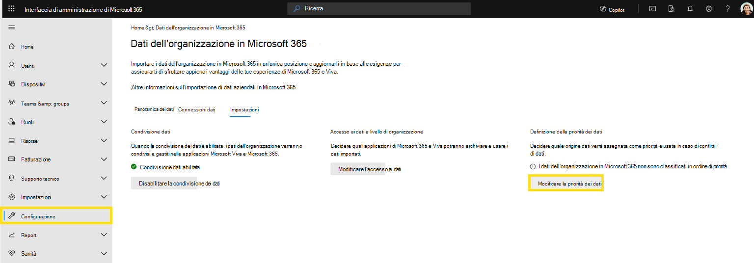 Screenshot che mostra come assegnare priorità ai dati dell'organizzazione nella pagina Impostazioni.