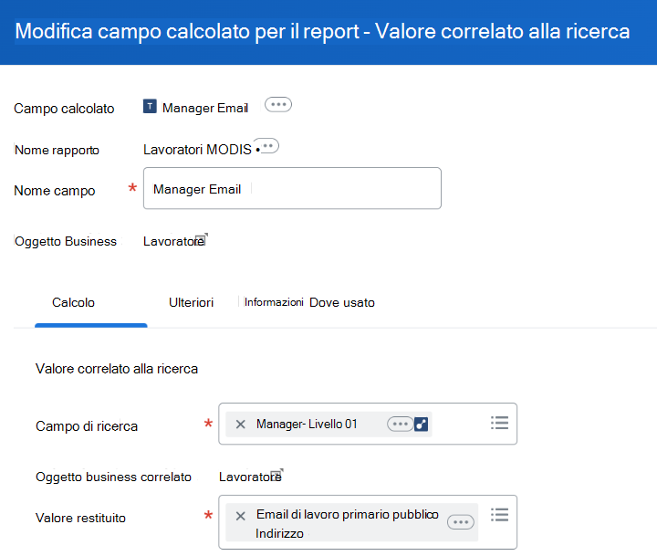 Uno screenshot mostra i dettagli di ricerca dei campi calcolati. 