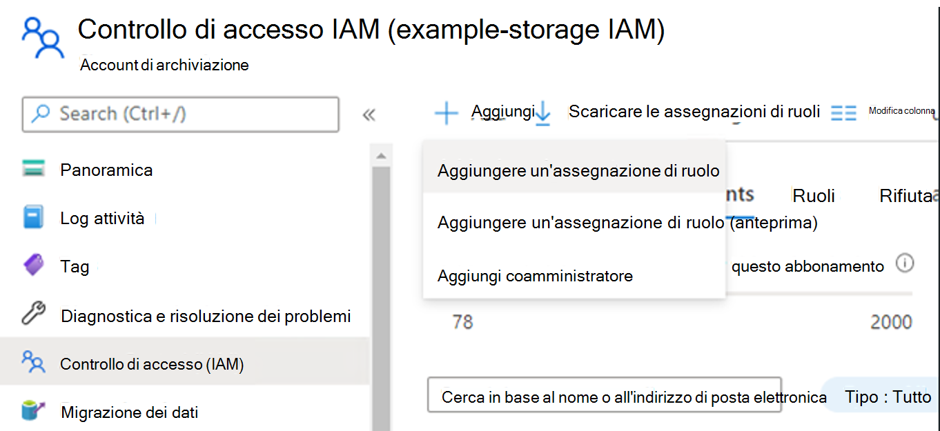 Screenshot of the Access control (IAM) section of the storage account with Add role assignment selected on the Add dropdown.