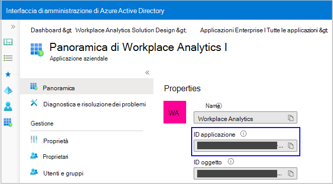 Screenshot che mostra la schermata dell'ID applicazione di Workplace Analytics.